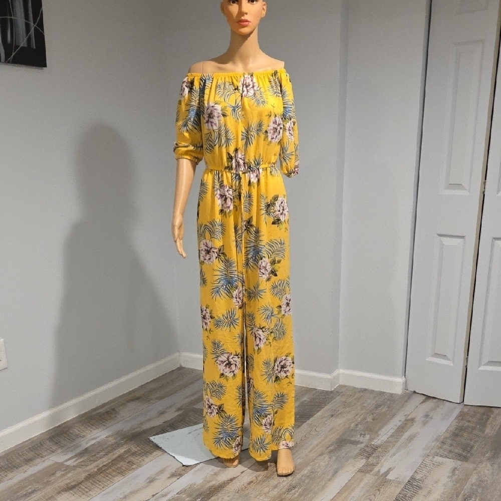 Haute Monde Yellow Floral Jumpsuit with Wide-Leg Design